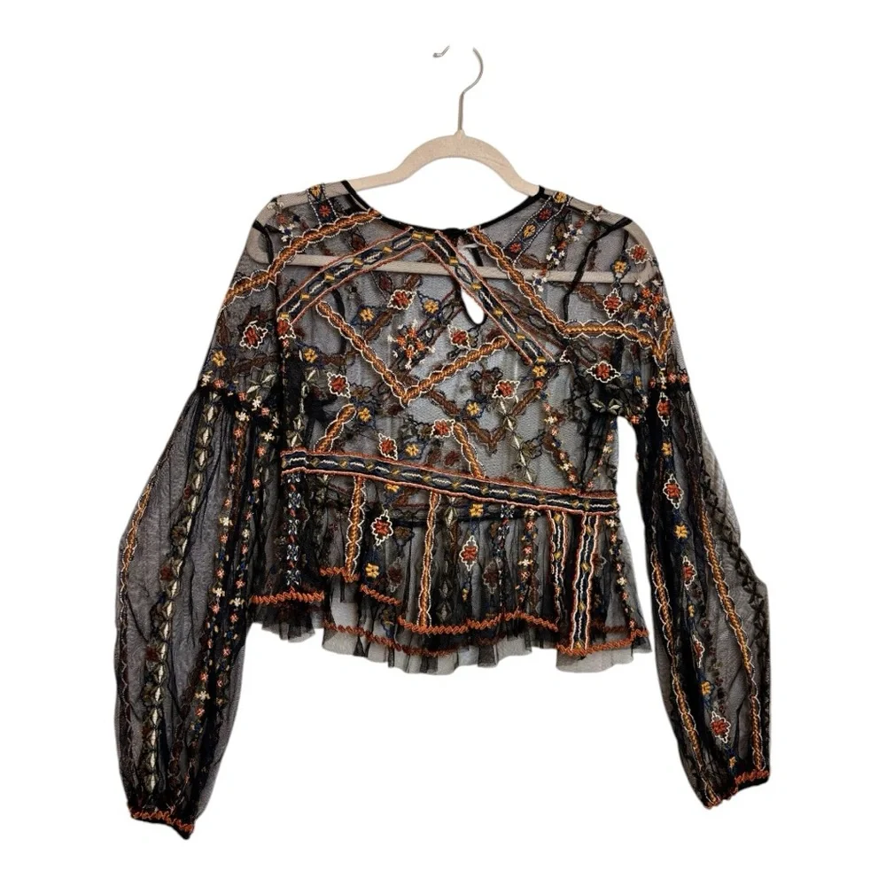 Free People Give A Little Mesh Top Black Embroidered Boho XS - Picture 4 of 10